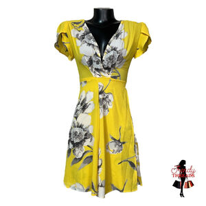 Engerla Wrap Dress sz Small Yellow Floral Lightweight Summer Short Tulip Sleeves